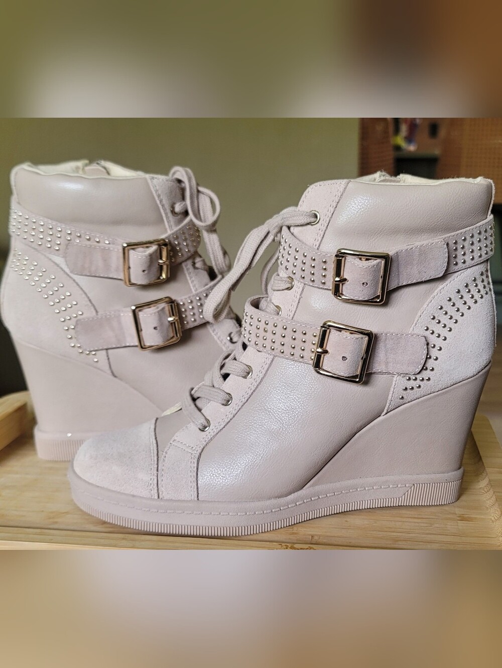 ALDO Lace-Up Wedge Ankle Boots with Buckle Straps - Light Beige